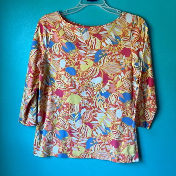 Talbots Women T Shirt Small Cotton Bateau Neck Tee Multi Color Flower 3/4 Sleeve - Picture 3 of 8